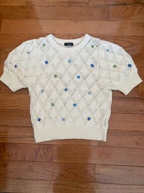 Aqua 100% Cotton Pointelle Knit Sweater Floral Embroider Cottagecore Soft Girl S